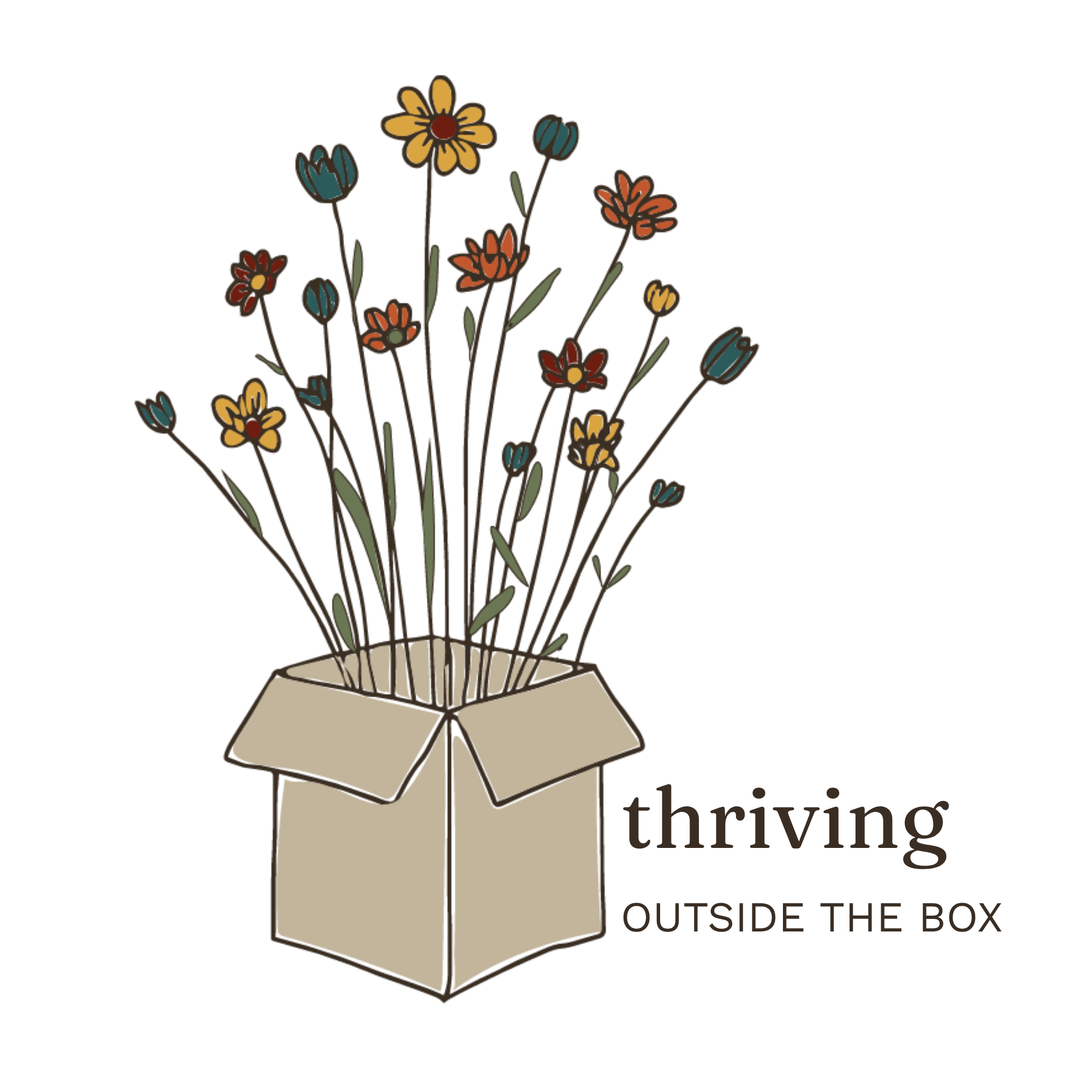 Thriving Outside the Box logo — an open cardboard box with wildflowers and the words thriving outside the box